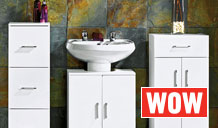 Save 1/3 on Hygena White Gloss Bathroom furniture.