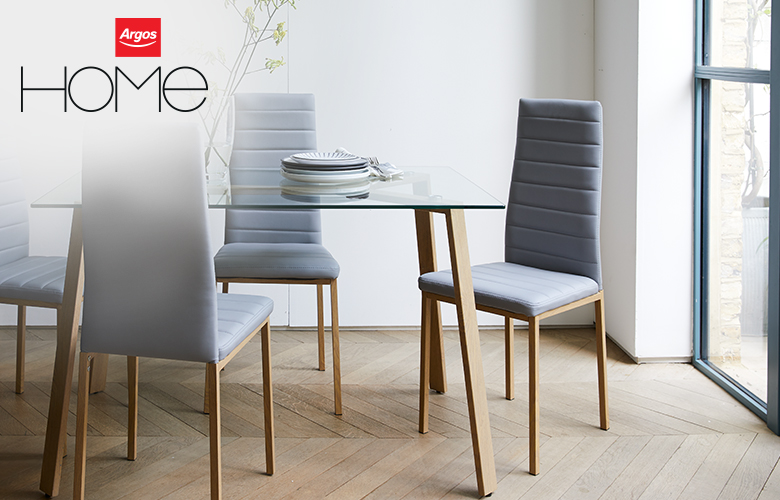 The glass-topped Helena table with grey and oak-effect dining chairs.