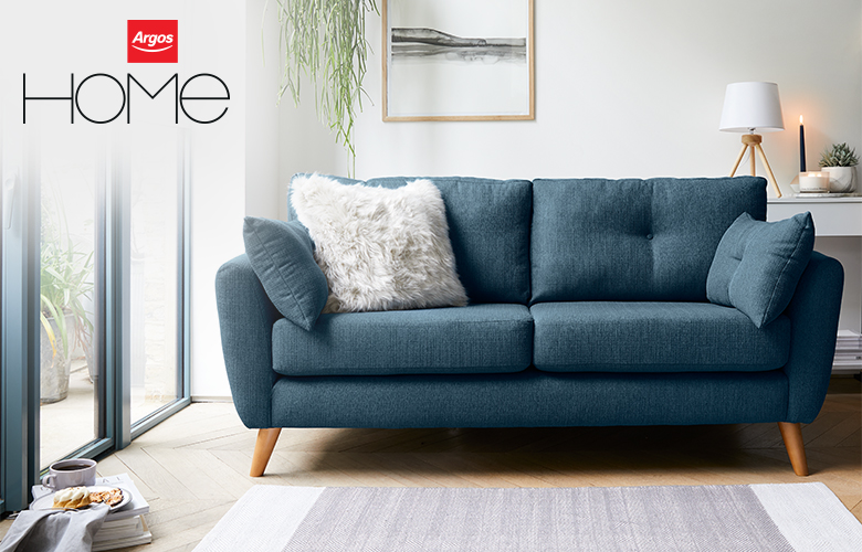 The Kari 3 seater blue sofa in Scansi-style living room.
