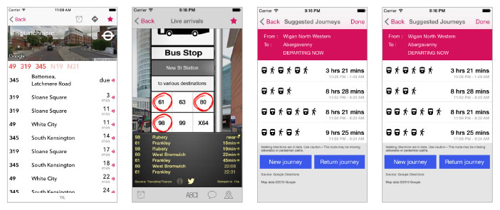 Assorted screenshots from Bus Checker app showing bus routes and suggested journeys.