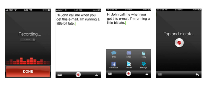 Assorted screenshots from Dragon Dictation app showing tap and dictate screen, recording screen and dictated text.