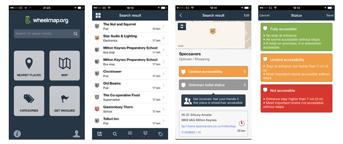 Assorted screenshots from Wheelmap app showing search results for accessible areas near location.