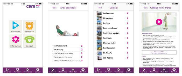 Assorted screenshots from Pocket Physio app showing advice for walking with a frame, knee exercise and local contacts.