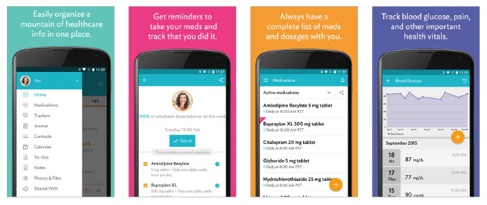 Assorted screenshots from Carezone app showing how to easily organise your healthcare into one place, get reminders, access a complete list of meds and track important health vitals.