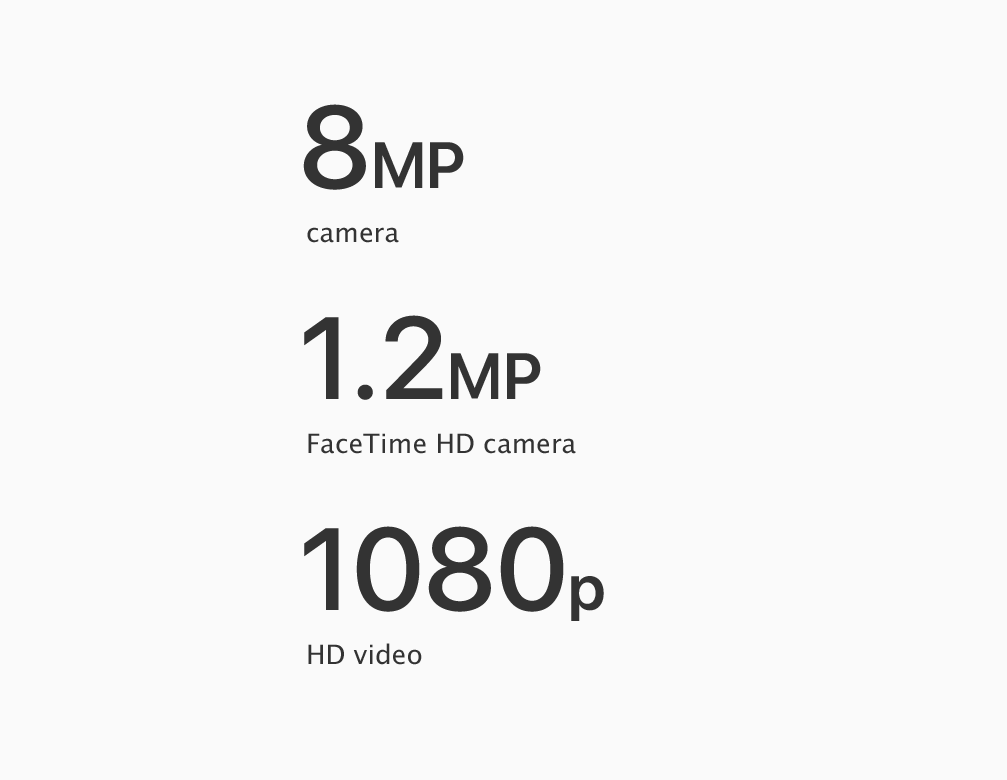8MP Camera 1.2MP FaceTime HD camera 1080p HD Video