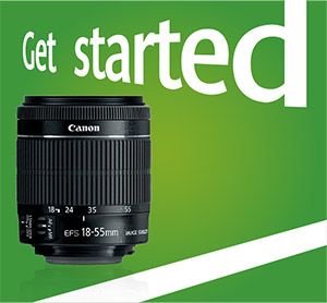 Image of a Canon 18-55mm lens. Get started.
