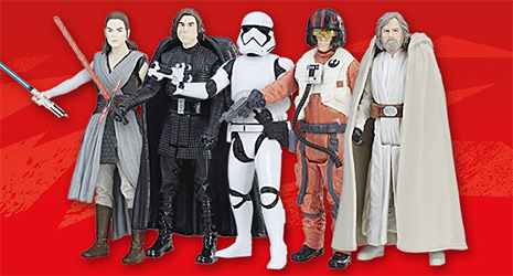 Image of 5 Star Wars action figures placed on a red background.