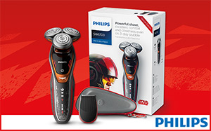 Image of a Philips shaver standing outside it's box.