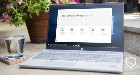 Image of a HP laptop opened up with a security check programme on the screen, a glass of water and a plant pot are beside the laptop.