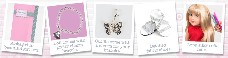 5 blocks with 3 containing an image of a DesignaFriend doll and 2 icons of DesignaFriend jewellery accessories.