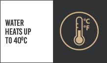 Water heats up to 40°C. Icon of a thermometer on the right hand side.