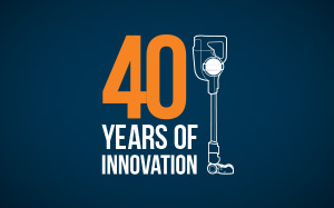 40 years of innovation, on a dark blue background.