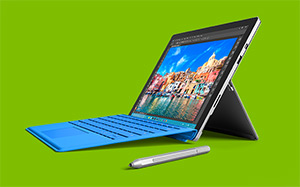 Microsoft Surface Pro 4 tablet, angled up via kickstand.
