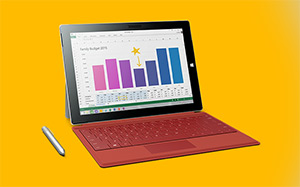 Microsoft Surface 3 tablet, angled up via kickstand.