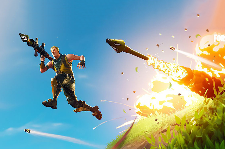 A screenshot from the game Fortnite, of a cartoon man with a rocket launcher.