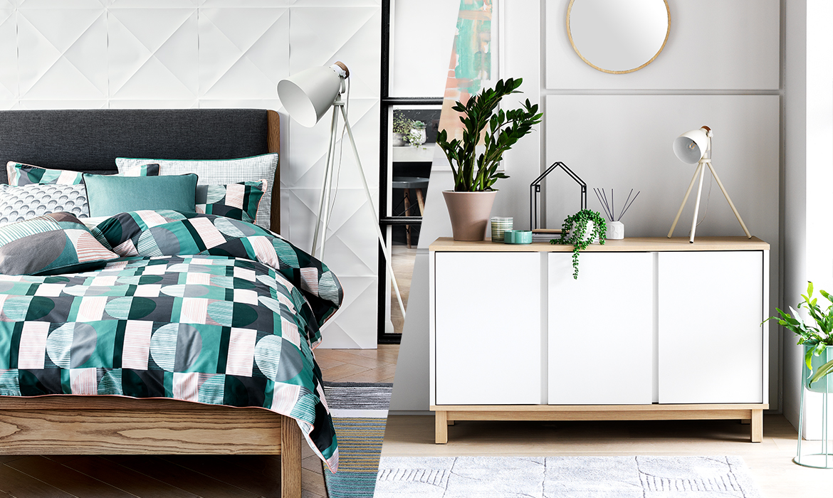 The Kari 3 seater blue sofa in Scandi-style living room.