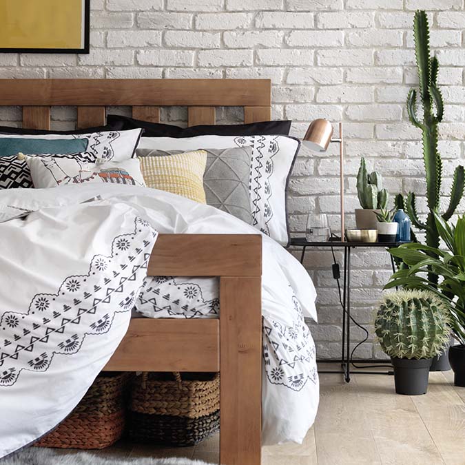 Boho Room Argos Image Of A Dark Stain Double Bed With Monochrome Embroidered Bedding Set