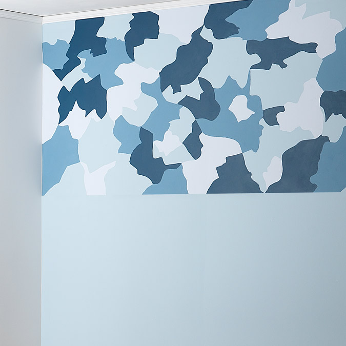 Camouflage design in dark blue, light blue and white.