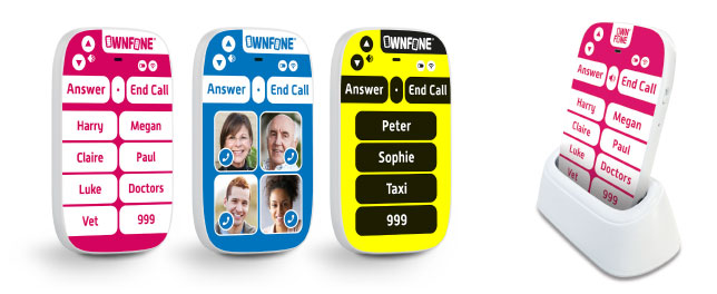 Collection of Ownfones in red, blue and yellow finishes.