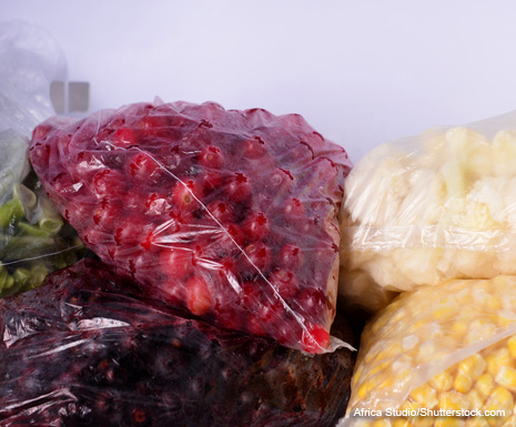 Assorted food in freezer bags.