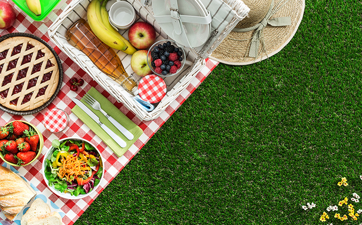 Image of a picnic spread, with a picnic basket, blanket and food.