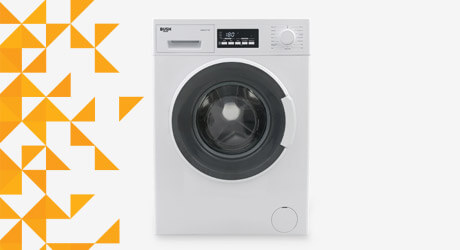Cut-out image of a white Bush washing machine with a background of orange triangular shards to the left.