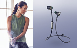 Image of a woman on an exercise machine on the left with a pair of Fitbit Flyer earphones in her ears. An image of the Fitbit Flyer on the right.