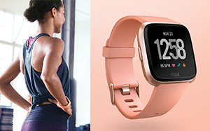 Image of a man running in a blue top wearing a Fitbit Versa and a cutout image of a Fitbit Versa smartwatch on the right.