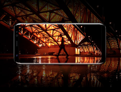 Image of the Samsung Galaxy S8+ on it's side in camera mode.