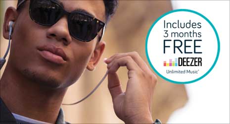 Image of a man wearing headphones - Lozenge with 'Includes 3 month Free Deezer' offer