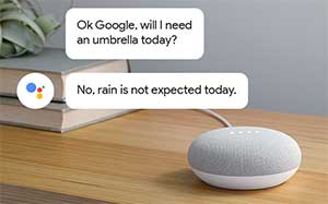Image of a Google Home Mini on a desk with some books next to it and quote bubbles saying 'Ok Google, will I need an umbrella today?' and 'No, rain is not expected today.'