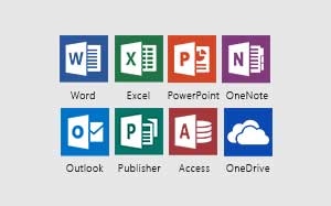 Icons arranged on 2 rows for Word, Excel, PowerPoint, OneNote, Outlook, Publisher, Access and OneDrive.