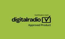 Image of the digitalradio approved product tick logo on a green background.