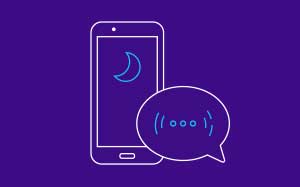 Image of a Smart phone with a speech bubble next to it on a purple background.