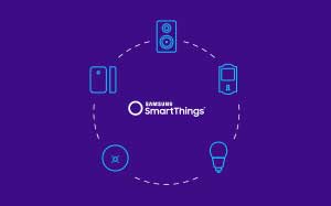 Image of Smart devices as icons connected by a dashed circular line on a purple background.