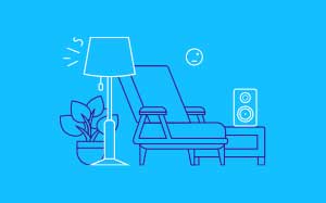 Line drawing of a chair, lamp and a plant on a blue background.