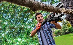 Image of a man removing a branch from a tree with a WORX chainsaw.